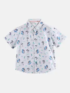 Beebay Boys White & Blue Regular Fit Printed Casual Shirt