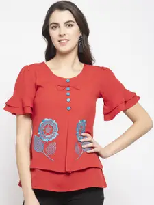 Karmic Vision Women Red Floral Embroidered Bell Sleeves Tiered Top