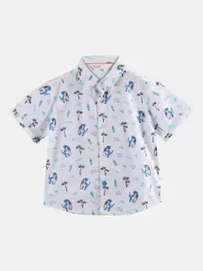 Beebay Boys White & Blue Regular Fit Printed Casual Shirt