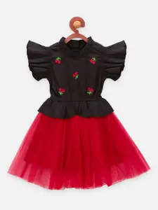 LilPicks Girls Black & Red Floral Embroidered Fit and Flare Dress