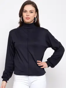 Style Quotient Women Navy Blue Solid High Neck Top