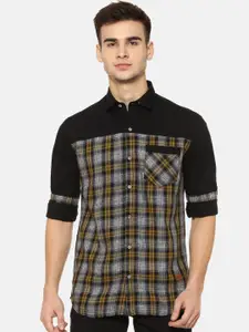 Campus Sutra Men Black & Yellow Regular Fit Checked Casual Shirt