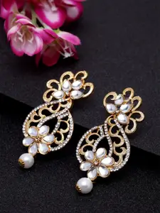 ANIKAS CREATION Gold-Plated & White Kundan Contemporary Drop Earrings