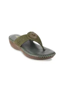 Metro Women Olive Green Embellished Leather Comfort Heels