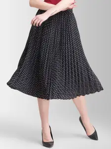 FableStreet Black & White Printed Pleated A-Line Midi Skirt