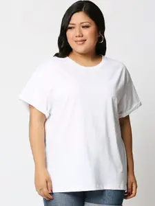 Bewakoof Plus  Women White Solid Round Neck Relaxed Fit T-shirt