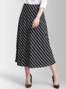 FableStreet Black & White Striped A-Line Midi Skirt