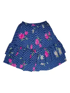 KiddoPanti Girls Blue & Pink Floral Printed A-Line Mini Skirt