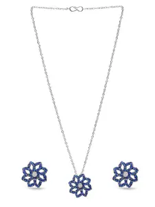 Mahi Rhodium-Plated Silver-Toned & Blue Crystal-Studded Floral Love Pendant Jewellery Set