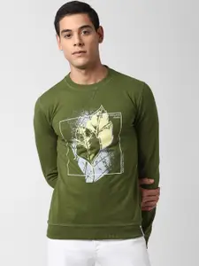 Peter England Casuals Men Olive Green Printed Cotton Sweatshirt