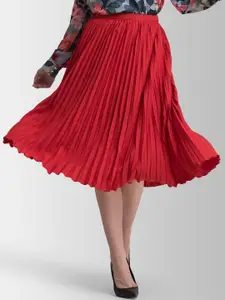 FableStreet Women Red Solid Pleated A-Line Midi Skirt