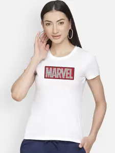 Free Authority Women White Marvel Printed Round Neck Pure Cotton T-shirt