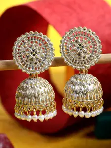 ANIKAS CREATION White & Gold-Toned Dome Shaped Jhumkas