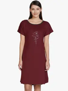 Amante Maroon Printed Half Sleeve Round Neck Nightdress