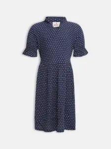 Oxolloxo Girls Navy Blue & Off-White Printed Fit and Flare Dress