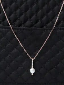 Clara Hallmarked Pure 92.5 % Sterling Silver Rose Gold-Plated White Pearl & Cubic Zirconia Studded Pendant With Chain
