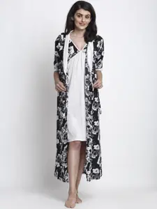 Claura White & Black Printed Nightdress With Robe