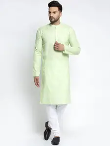 Jompers Men Green & White Solid Pure Cotton Kurta with Pyjamas