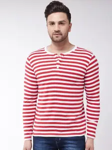 GRITSTONES Men Red Striped Henley Neck T-shirt