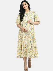 Aaruvi Ruchi Verma Women Beige & Yellow Floral Printed Maternity A-Line Dress