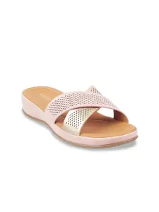 Mochi Women Peach-Coloured & Muted Gold-Toned Colourblocked Comfort Heels