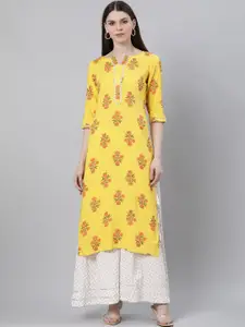 Gerua women yellow & orange floral printed kurta