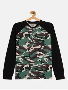 GRITSTONES Boys Black & Green Camouflage Printed Round Neck T-shirt