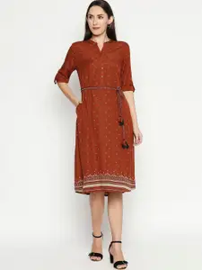 People Women Rust Printed A-Line Dress