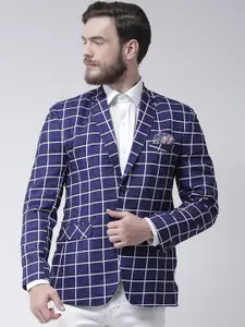 Hangup Men Blue & White Checked Single-Breasted Casual Blazer