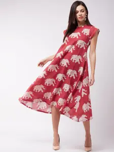 InWeave Women Red Printed Fit and Flare Dress