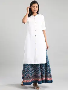 Aurelia Women White Mandarin Collar Roll-Up Sleeves Cotton A-Line Kurta