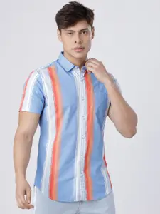 LOCOMOTIVE Men Blue & Coral Pink Slim Fit Striped Casual Shirt