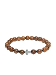 OOMPH Men Brown & Silver-Toned Alloy Handcrafted Elasticated Wooden Beads Bracelet