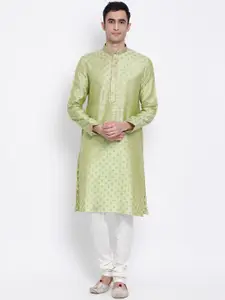 Sanwara Men Green & White Woven Design Kurta with Churidar