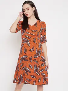 Crimsoune Club Women Orange Printed A-Line Dress