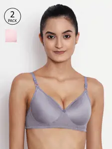 ABELINO Pink & Grey Solid Non-Wired Lightly Padded T-shirt Bra Set of 2