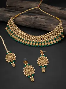 Sukkhi LCT Gold-Plated Off-White & Green Stone-Studded & Beaded Sustainable Choker Necklace Set