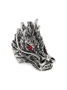 OOMPH Men Silver-Plated Red Stone-Studded Vintage Gothic Dragon Head Finger Ring