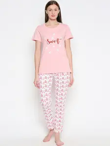 XIN Women Pink Floral Printed Night Suit