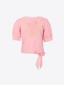 CUTECUMBER Pink Puff Sleeves Georgette Regular Top