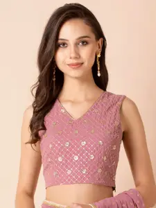 Indya Pink Sequin Embroidered Sleeveless Crop Top
