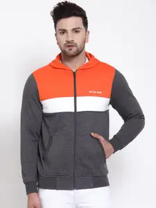 Kalt Men Grey & Orange Colourblocked Hooded Sweatshirt