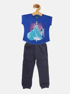 YK Disney Girls Blue & White Printed T-shirt with Pyjamas