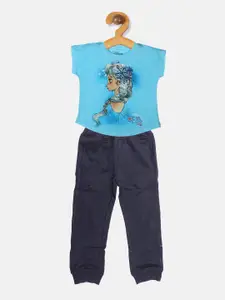 YK Disney Girls Blue & Beige Elsa Printed T-shirt with Pyjamas