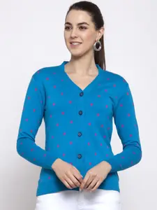 Kalt Women Blue & Pink Printed Cardigan Sweater