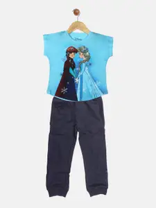 YK Disney Girls Elsa & Anna Printed T-shirt With Pyjamas