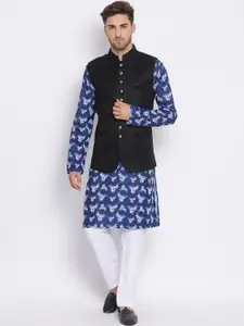 Hangup Men Blue & White Printed Cotton Kurta Set with Waistcoat