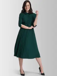 FableStreet Women Green Solid Fit and Flare Dress