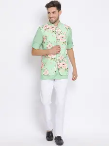 Hangup Men Green & White Printed Kurta with Pyjamas