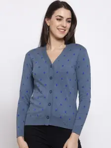 Kalt Women Blue Printed Cardigan Sweater